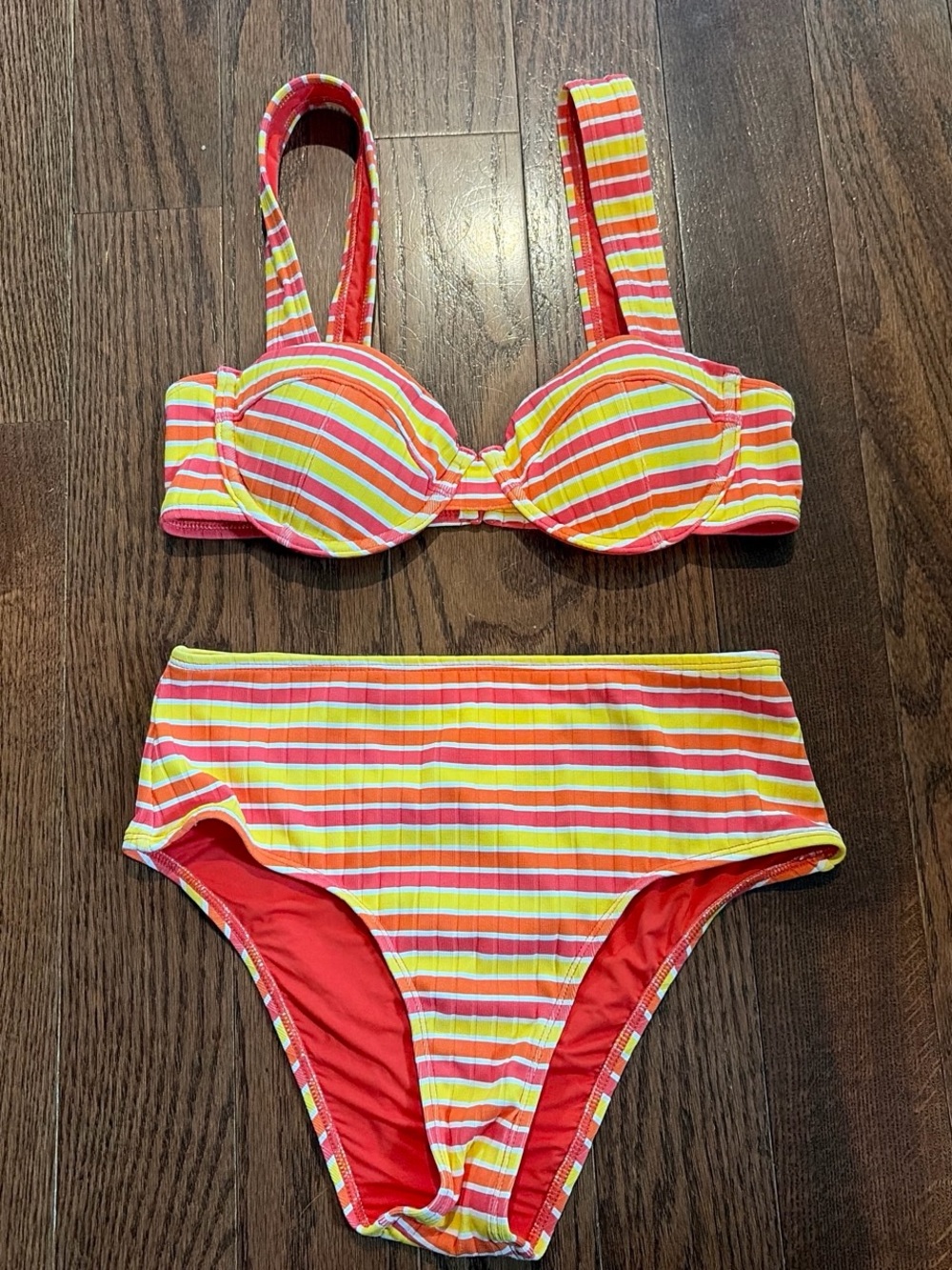 Solid & Striped High-Waist Bikini Set in Red, Yellow & White